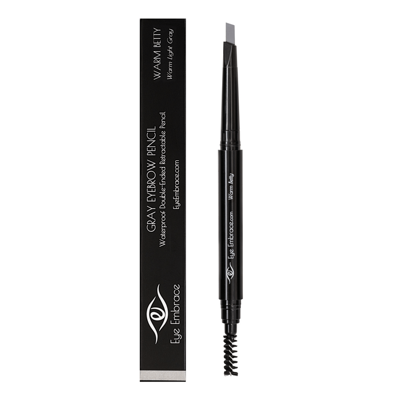 Eye Embrace Warm Betty light gray eyebrow pencil. Double-ended mechanical brow pencil with spoolie brush and box