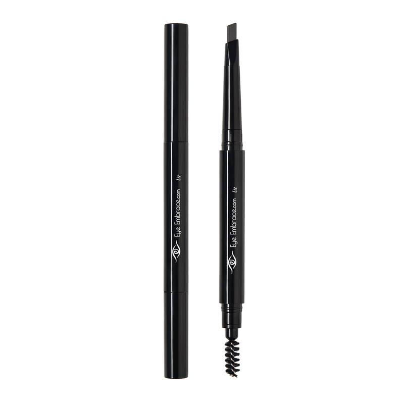 Eye Embrace Liz warm medium gray eyebrow pencil. Double-ended mechanical brow pencil cap on and off