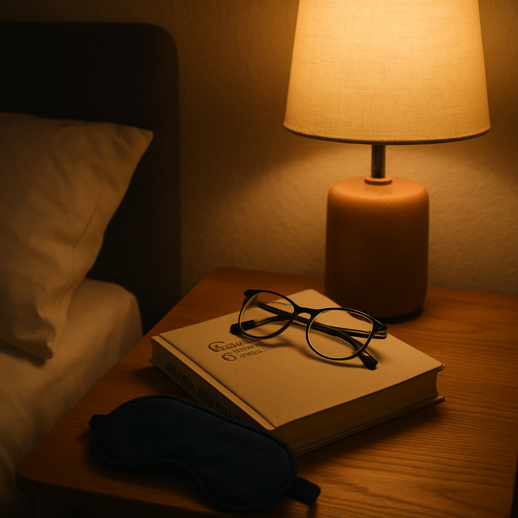 Key Terminology Explained: A cozy bedside table that has nightime activity objects on it, such as a book, reading glasses, a sleep mask. Comfortable lighting, evening, cozy bedside atmosphere (image)