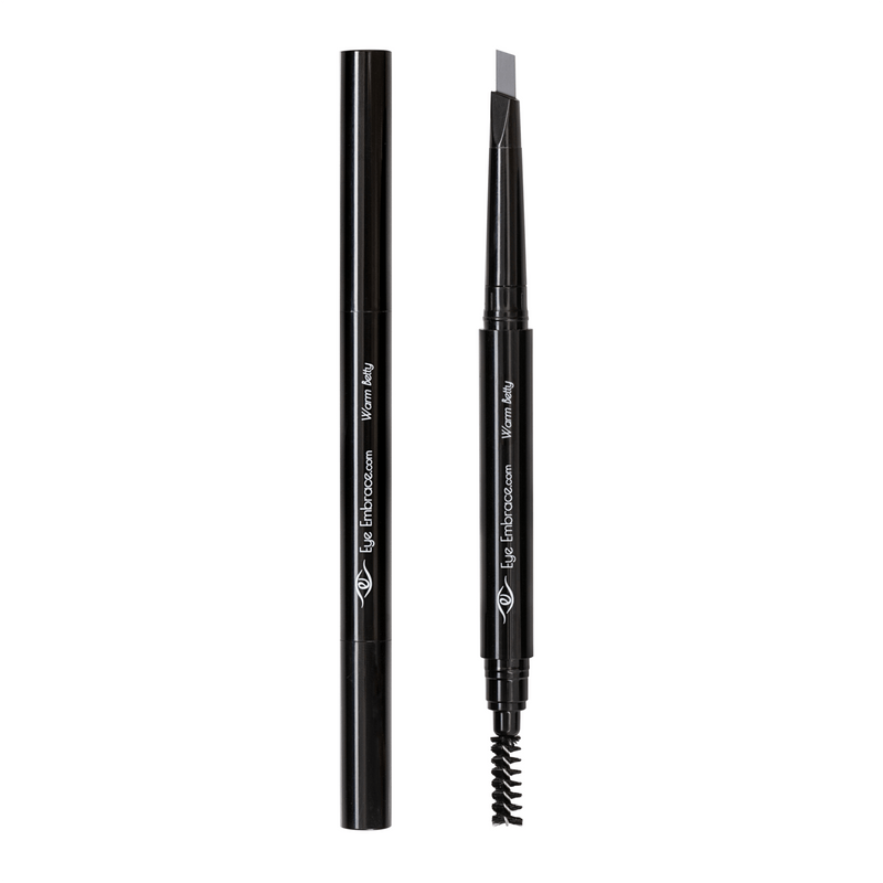 Eye Embrace Warm Betty light gray eyebrow pencil. Double-ended mechanical brow pencil cap on and off