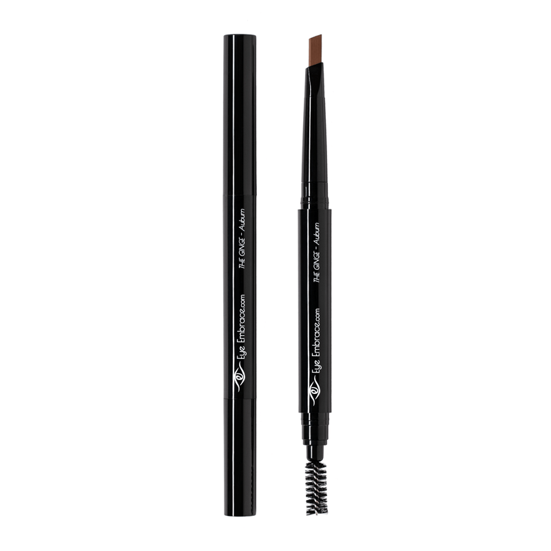 Eye Embrace The Ginge auburn red eyebrow pencil. Double-ended mechanical brow pencil cap on and off