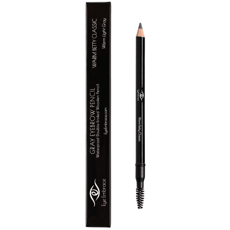 Eye Embrace Warm Betty Classic light gray wooden eyebrow pencil. Double-ended wood brow pencil with spoolie brush and box
