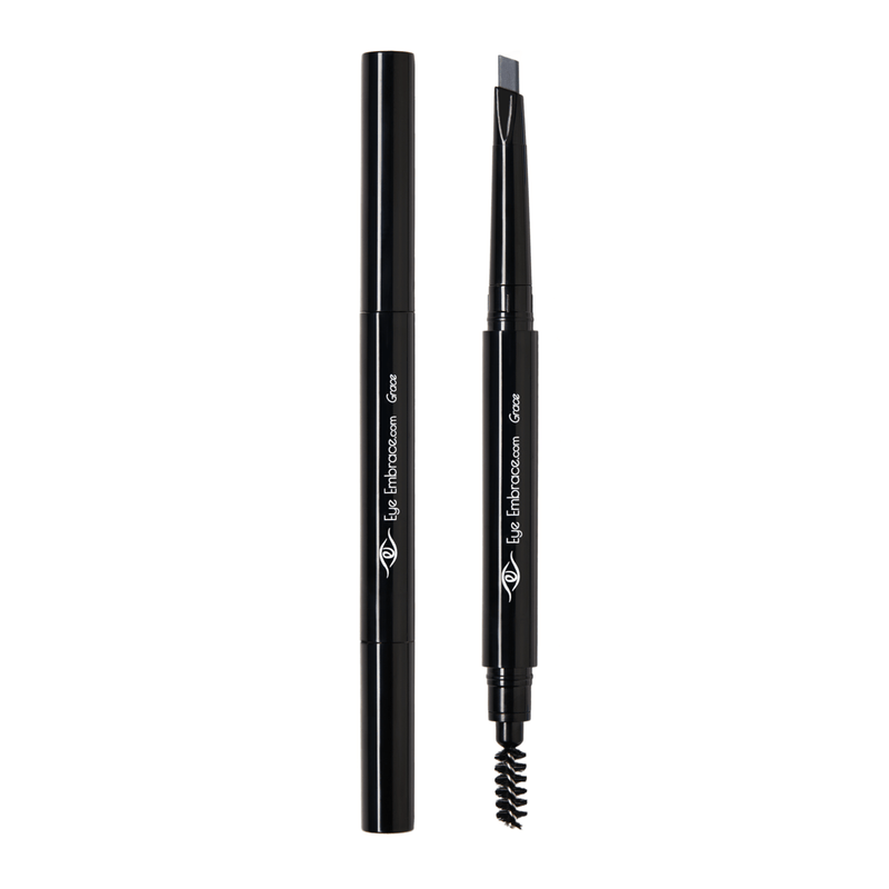 Eye Embrace Grace cool medium gray eyebrow pencil. Double-ended mechanical brow pencil cap on and off
